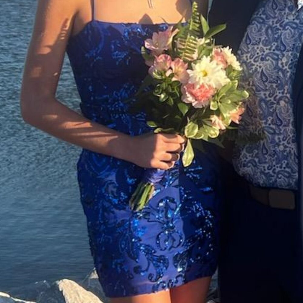 Windsor Cobalt Blue Sequin Strapless Midi Dress